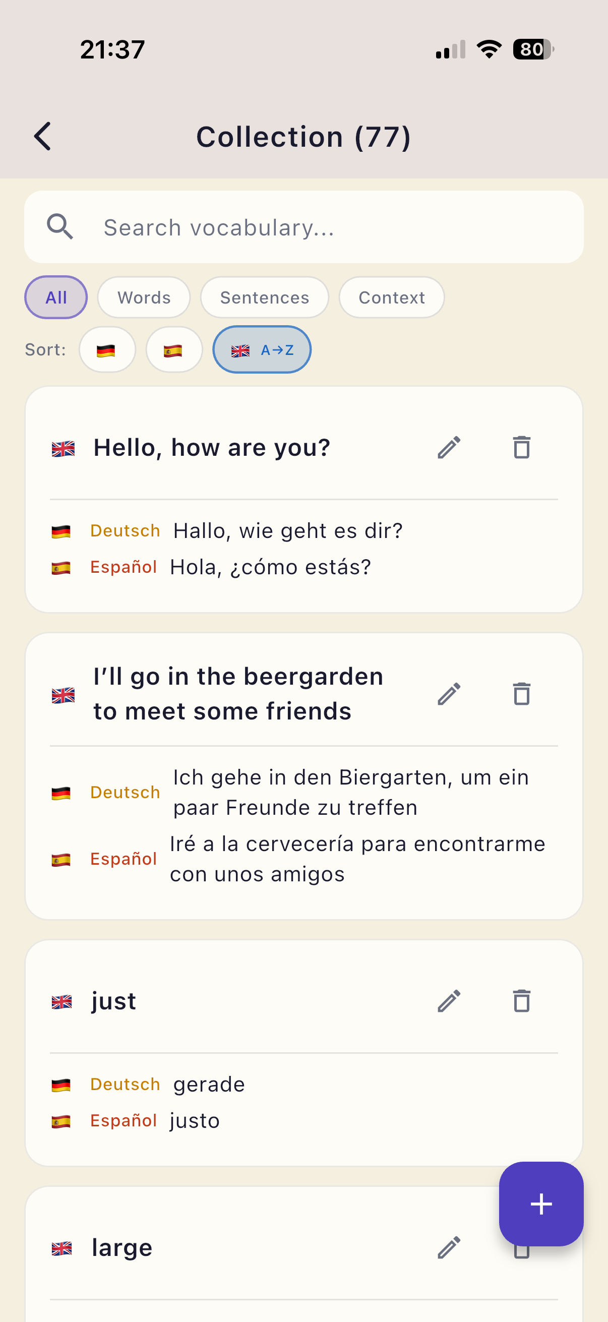 simplevoc collection screen: searchable list of saved words and sentences with translations