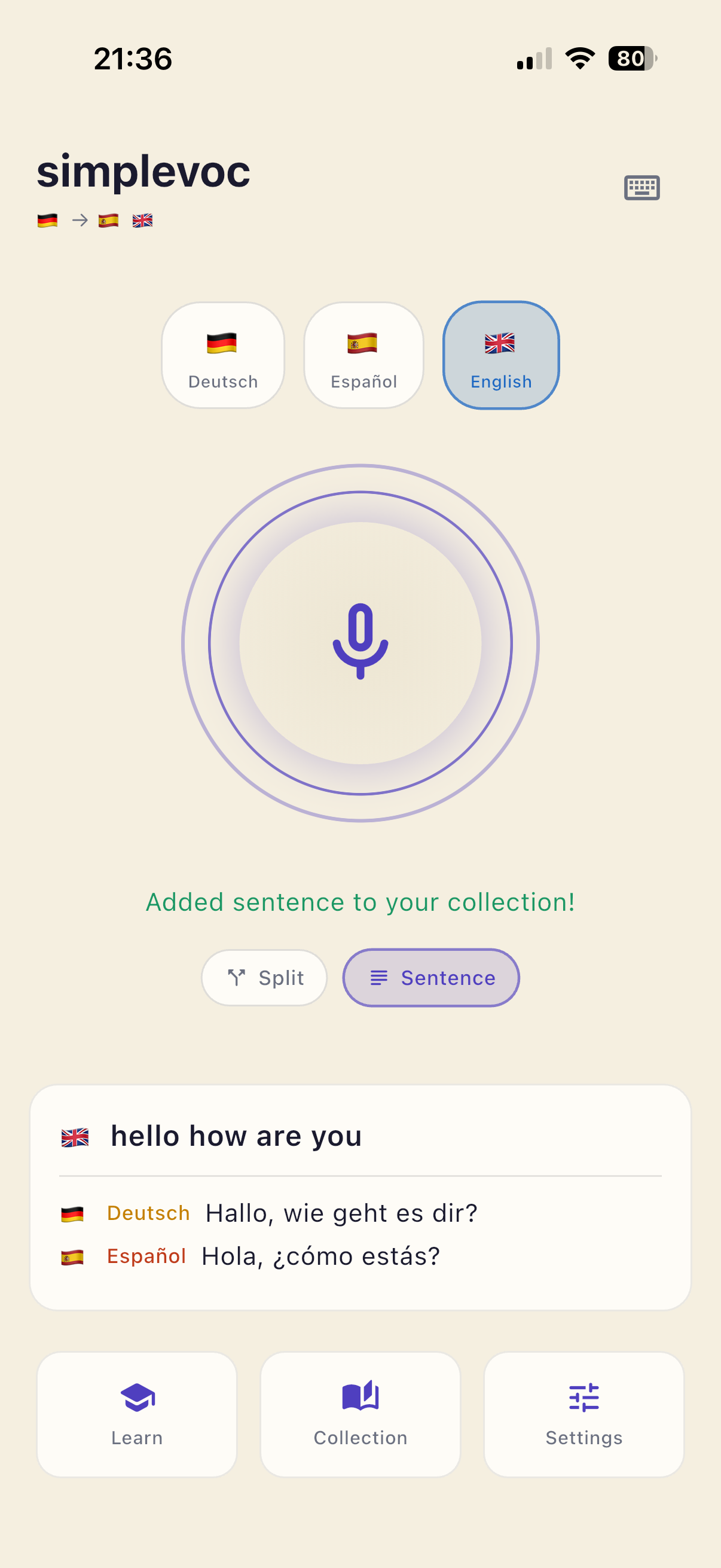 simplevoc main screen: microphone button, target languages and a captured sentence with its translations